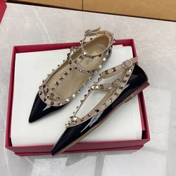 Summer Women Genuine Leather Flat Shoes Ankle Strap Metal Rivet Pointed Flat Bottom Shoes Luxury Designer High Quality Shoes