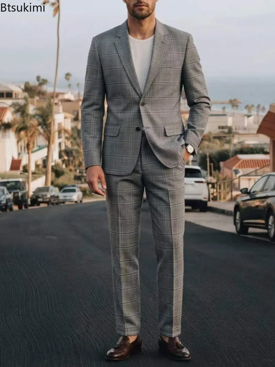 

2026 New Men's Plaid Slim Fit Business Banquet Evening Suit Two-piece Set Casual Wedding Groomsmen Suit Set Fashion Men Clothing