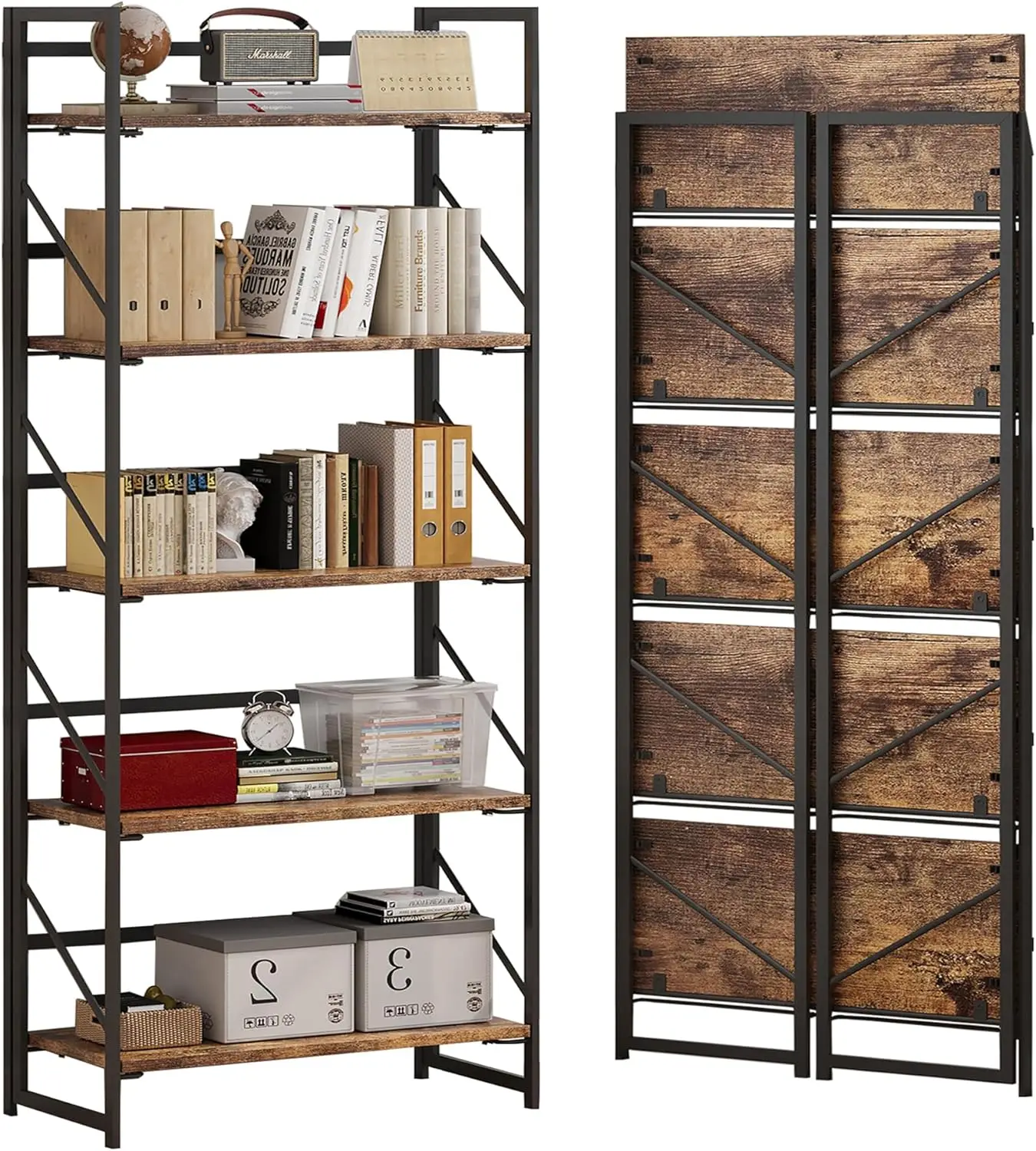 

No Assembly Folding Bookshelf, 5 Tier Industrial Metal Book Shelf for Storage, Vintage Wood Foldable Bookcase for Living Room