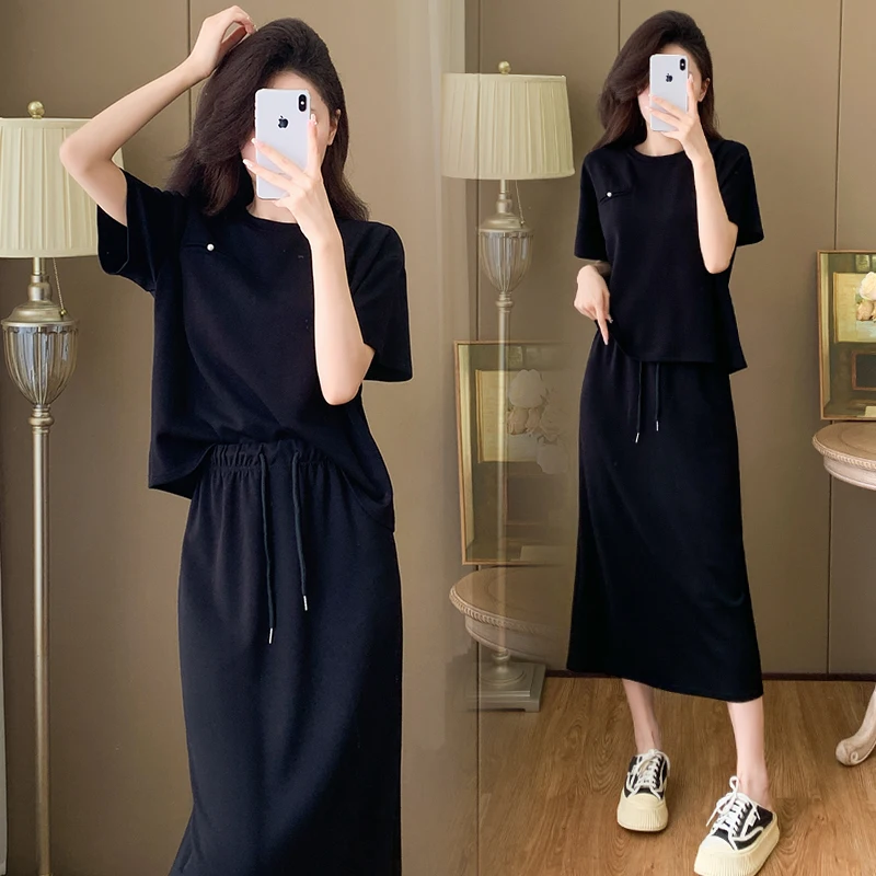 

Summer Faion plus Size Casual Spor Two-Piece Set Ele Simple Skirt ort Sve round Ne Overhead Brandl Ensemble
