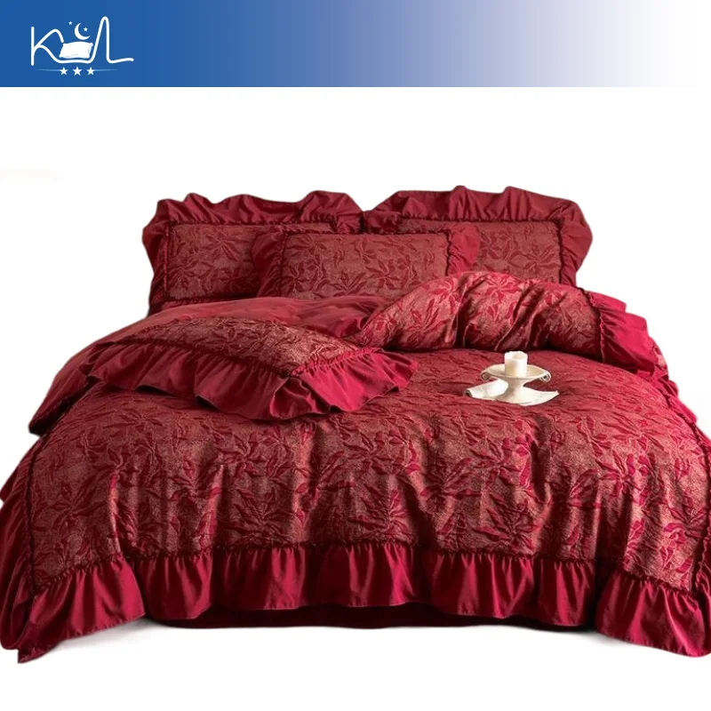French Luxury Wedding 4 Piece Bedding Set, Washed Double Gauze Jacquard Duvet Cover with Red Lace, 3D Embossed