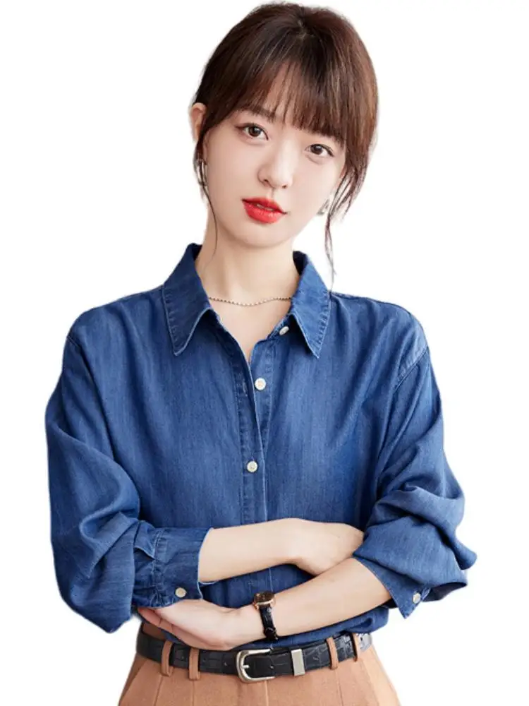 H Han Queen New 2024 Autumn Vintage Simple Denim Shirt Office Blouse Elegant Fashion Long Sleeve Casual Tops Women Loose Blouses