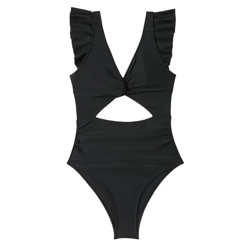 Contrast Mesh One Piece Swimsuit, V Neck Solid Color Backless Tummy Control High Cut Bathing Suit, Women's Swimwear & Clothing