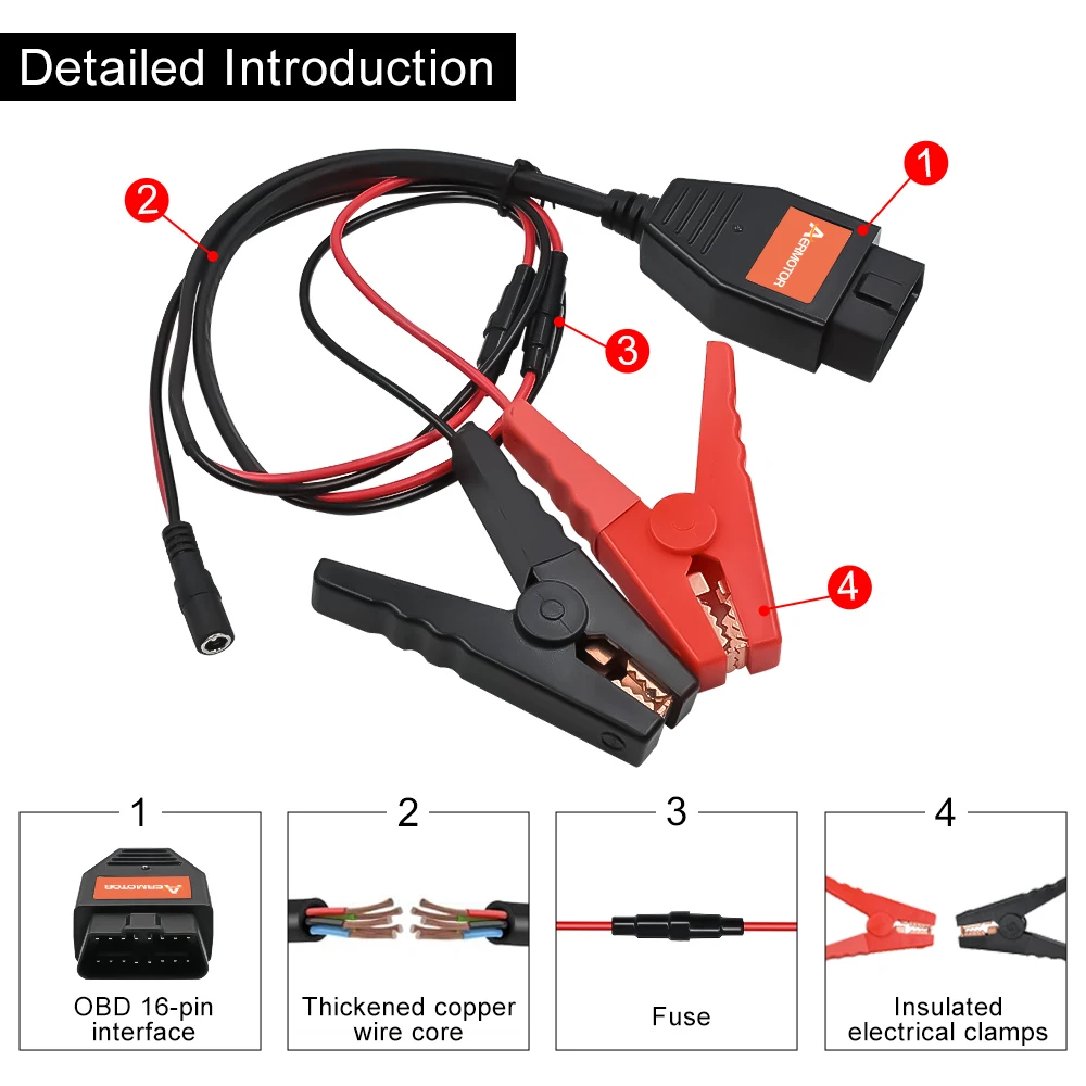 Aermotor Power Supply Tool Battery  Connectors Emergency Power For OBDII 2in1 Automotive Memory Protector