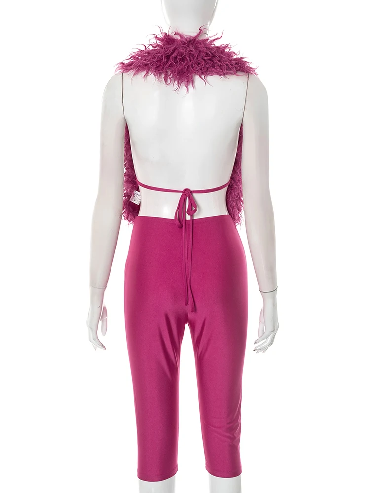 Weird Puss Sexy Furry 2 Piece Set Women Y2K Lace Up Halter Backless Tank Tops +Tight Shorts Matching Casual Activity Streetwear