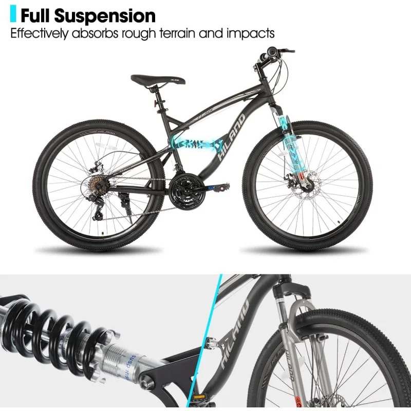 Aqhiland full suspension mens Mountain ,21 speed, 26 inch wheel, dual disc brake bike for men womens adult bicycle