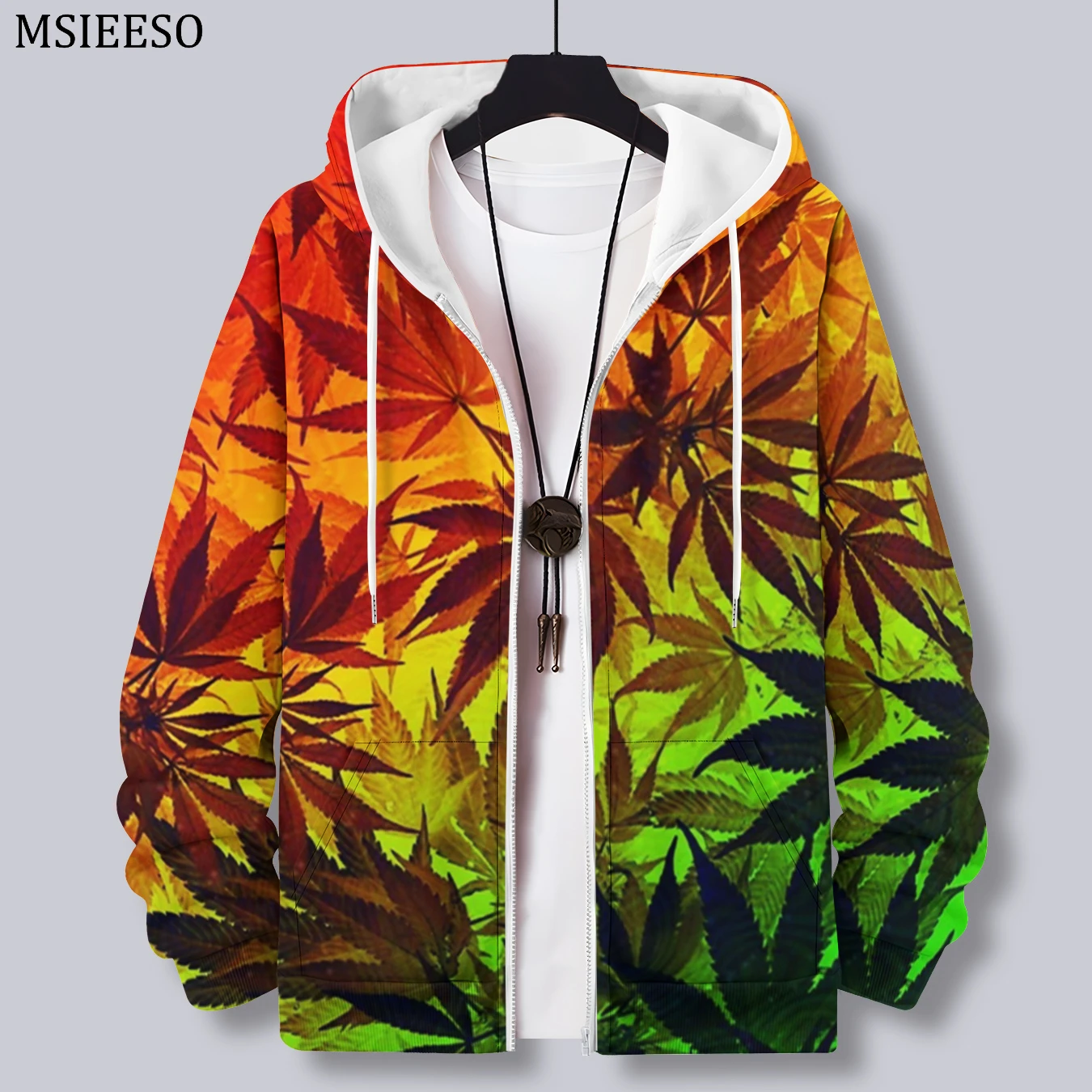 

MSIEESO Men Zipper Hoodie Plant Weed Pattern Printed Hoodie Casual Male Hooded Sweatshirt Women Streetwear Zipper Coat