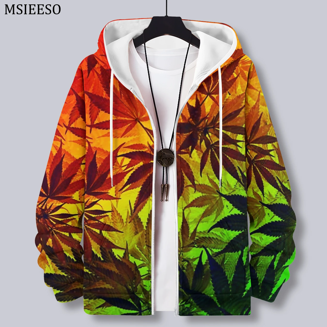 MSIEESO Men Zipper Hoodie Plant Weed Pattern Printed Hoodie Casual Male Hooded Sweatshirt Women Streetwear Zipper Coat