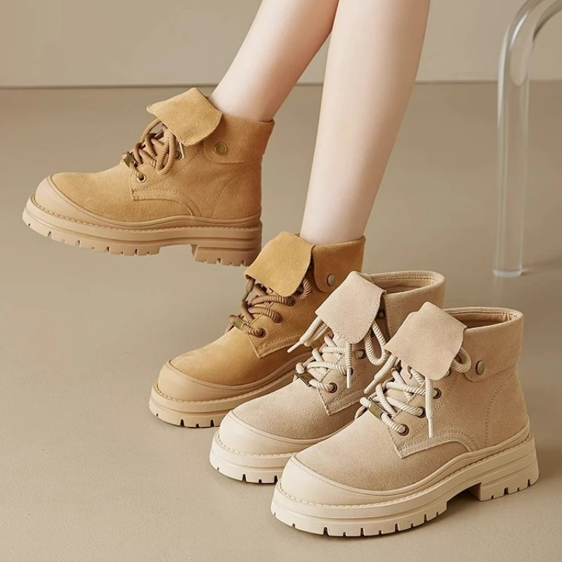 

Осенние женские ботинки из матовой кожи на толстой подошве 2025, удобные короткие ботинки с нескользящей толстой средней подошвой