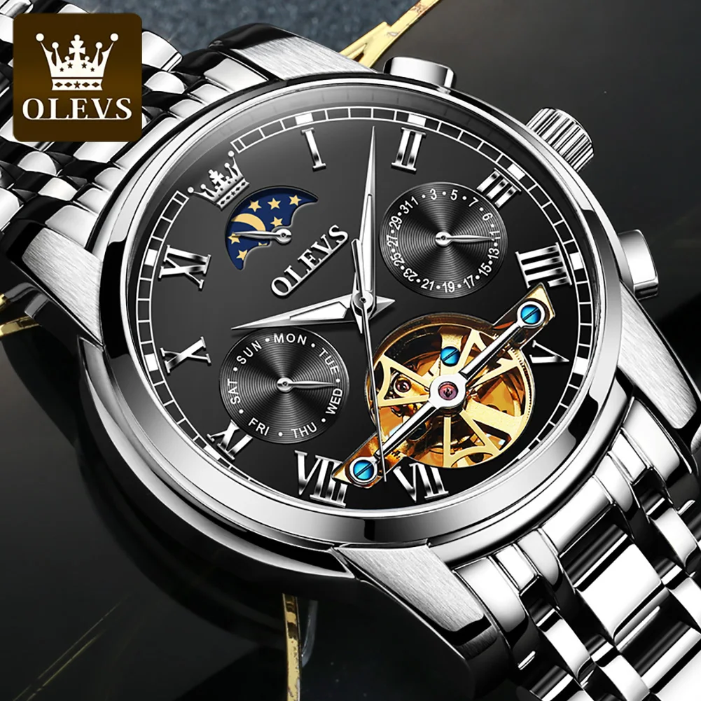 OLEVS Top Brand Men Watch Automatic Mechanical Watches Waterproof Stainless Steel Wristwatch Chronograph Luxury Reloj Hombre