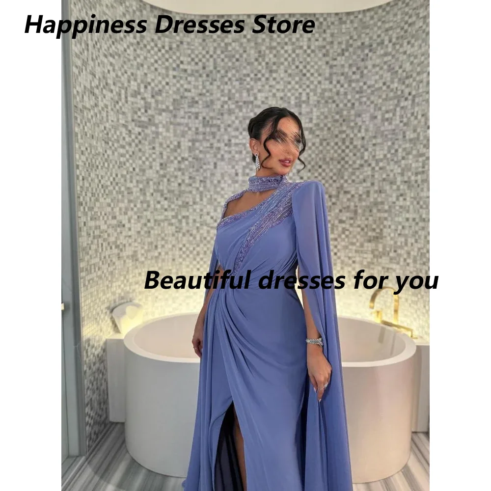 Abito da sera lungo personalizzato con perline collo alto maniche lunghe pieghe chiffon lunghezza pavimento una linea abito da cocktail party abiti da ballo