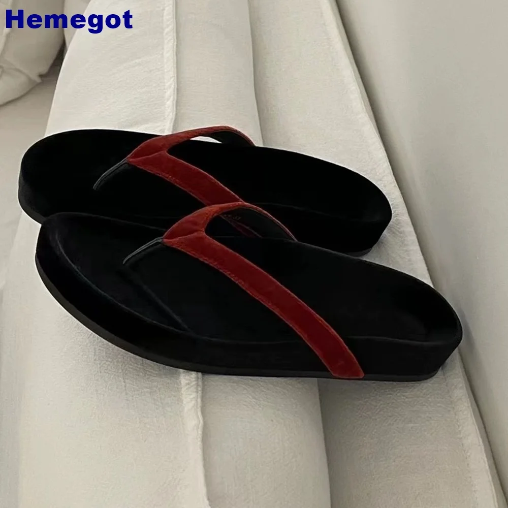 Thick Sole Velvet Outdoor Flip-Flops 2024 Summer New Casual Beach Vacation Slippers Slip On Retro Women Blue/red Slippers