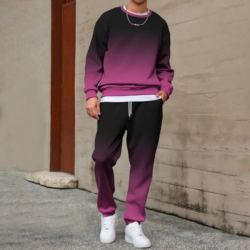 

2025 Spring and Autumn New Fashion Versatile Leisure 3D Gradient Round Neck Sweatshirt Sports Set