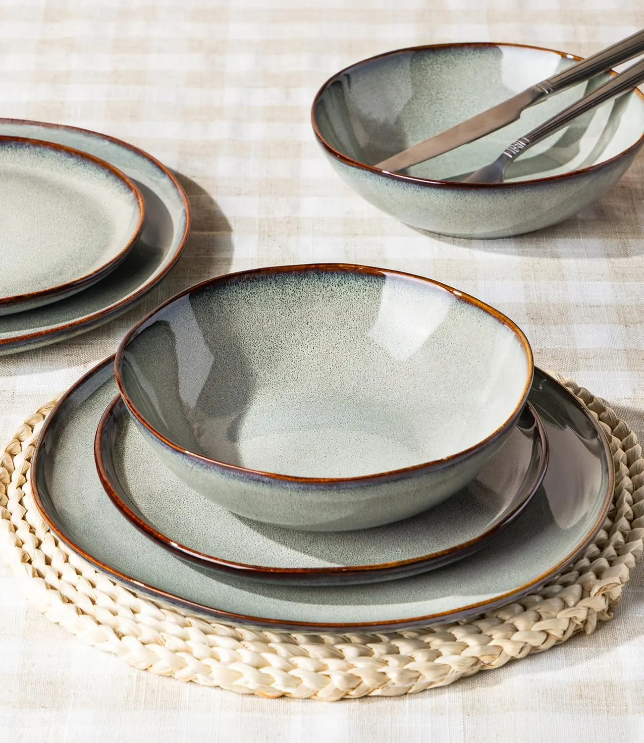 Stoneware Dinnerware Sets for 8,24 Piece Rustic Plates and Bowls Set | Earthenware Handmade Reactive Glaze Plate Sets, Chip Resi view 5