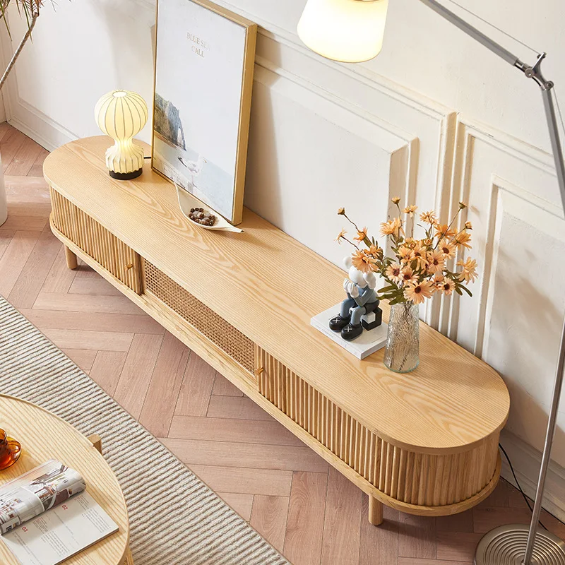 Retro rattan TV cabinet ash wood household small apartment Japanese-style wabi-sandy wind living room solid wood rolling shutter