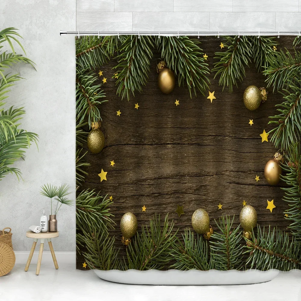 Christmas Shower Curtain Fabric Pine Branch Xmas Ball Pentagram on Blue Wooden Board Farm Farmhouse Decor Bathroom Accessory Set