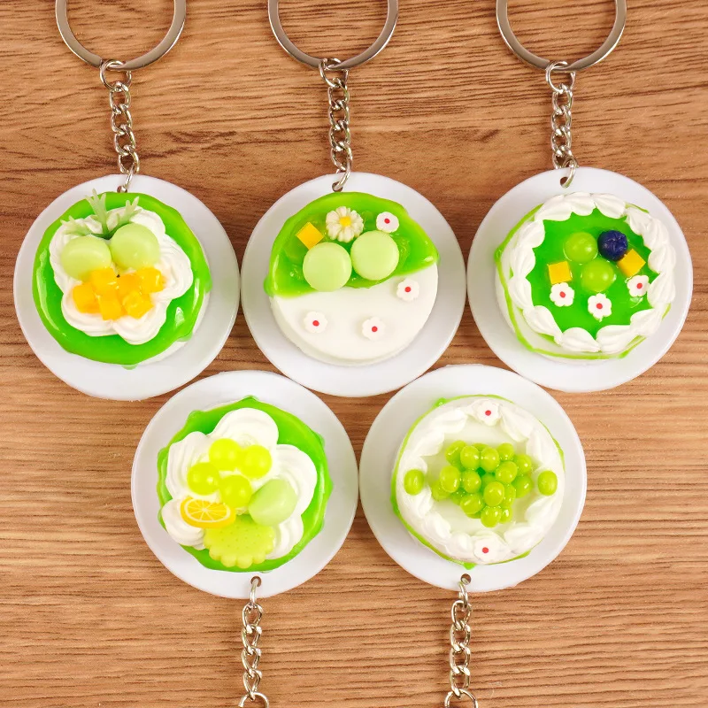 New Birthday Cake Keychain Creative Fashion Simulation Matcha Cake DIY Model Keyring Car Phone Bag Pendant Gift Ornament Jewelry