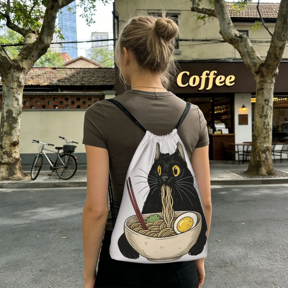 An Adorable Cat Relishing A Bowl Of Ramen Backpacks Casual Drawstring Bundle Pocket Sports Bag Book Bags for Travel School