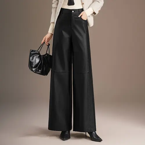 Imagen 2 del producto Otoño Invierno nueva moda cuero cálido mujeres alta calidad elegante viaje versátil pierna ancha PU pantalones de cuero