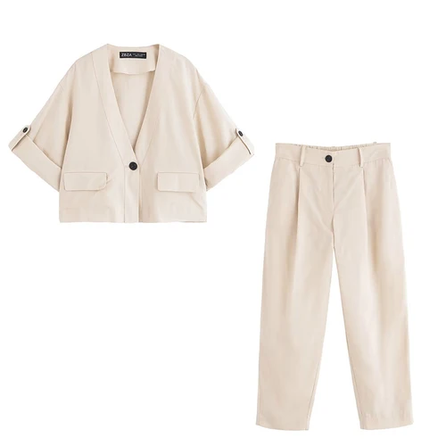 Imagen 2 del producto Conjuntos de 2 piezas de pantalones plisados para mujer, chaqueta de manga corta con cuello en V, pantalones de cintura alta, traje de mujer, trajes informales para mujer 2025