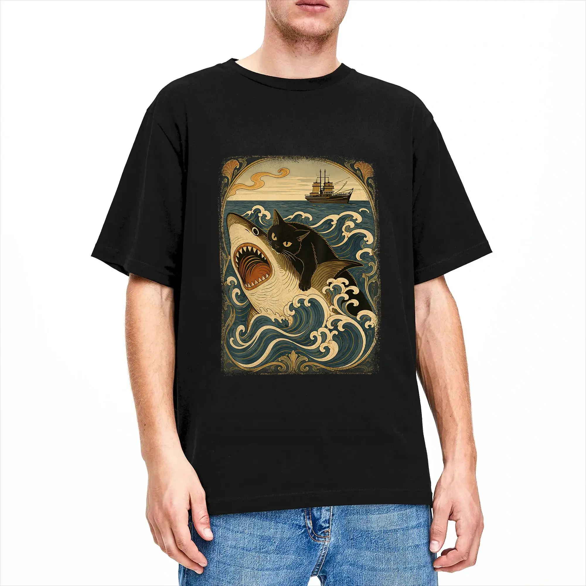 Cat Riding Biting Shark in Japanese Wave Flying Black T Shirts for Men Cotton Awesome T-Shirt O Neck  Tee Shirt Short Sleeve
