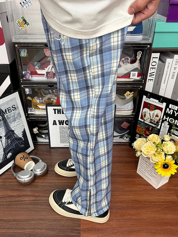 Laid-back Style Plaid Pants Men's Comfortable Loose Fit Drapey High-End Straight Leg Trousers North Carolina Blue Casual Pants - view 4