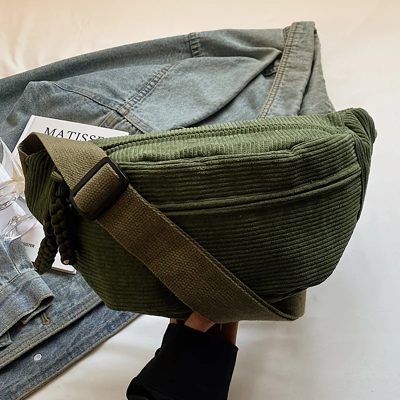 Perfekte Vintage-Hüfttasche aus Cord für Damen, verstellbare Umhängetasche mit mehreren Reißverschlusstaschen für den täglichen Gebrauch, Reisen und Schule – Detail 5