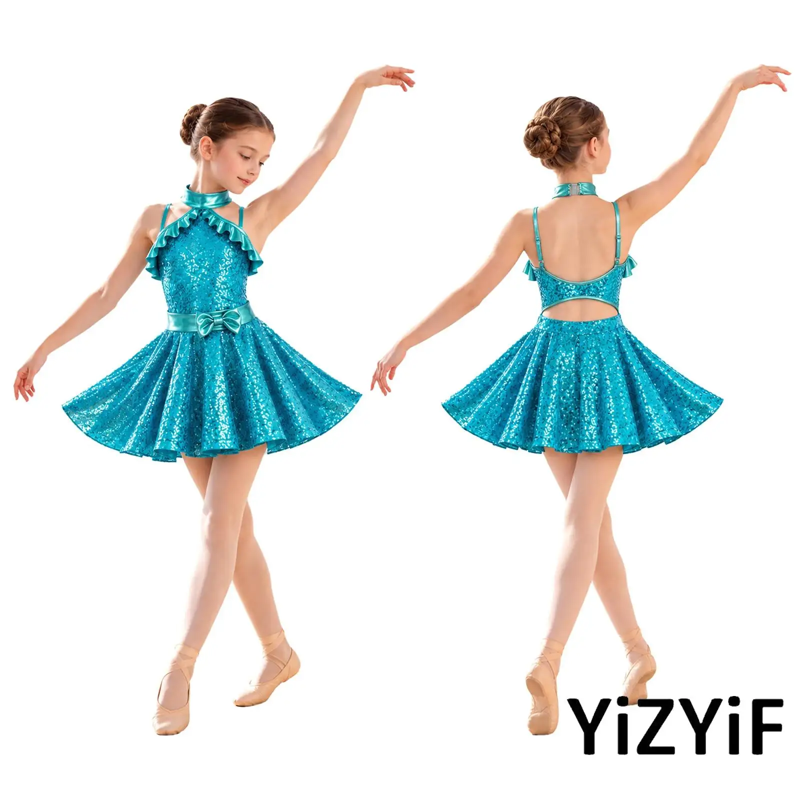 Girls Sequin Lyric Latin Dance Dress Halter Adjustable Spaghetti Straps Backless Bowknot Ruffles Dress for Figure Skating Dance