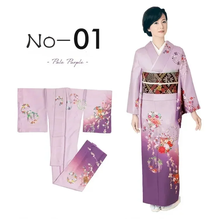 Women Japanese Traditional Kimono Floral Prints Bronzing Formal Yukata with Belt Cosplay Costume Photography Long Dress