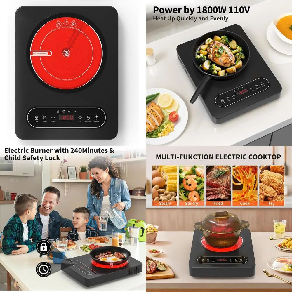 

Электрическая варочная панель с сенсорным управлением, 110В, 1800Вт, 10 уровней мощности, 4-часовой таймер, защита от перегрева, блокировка от детей