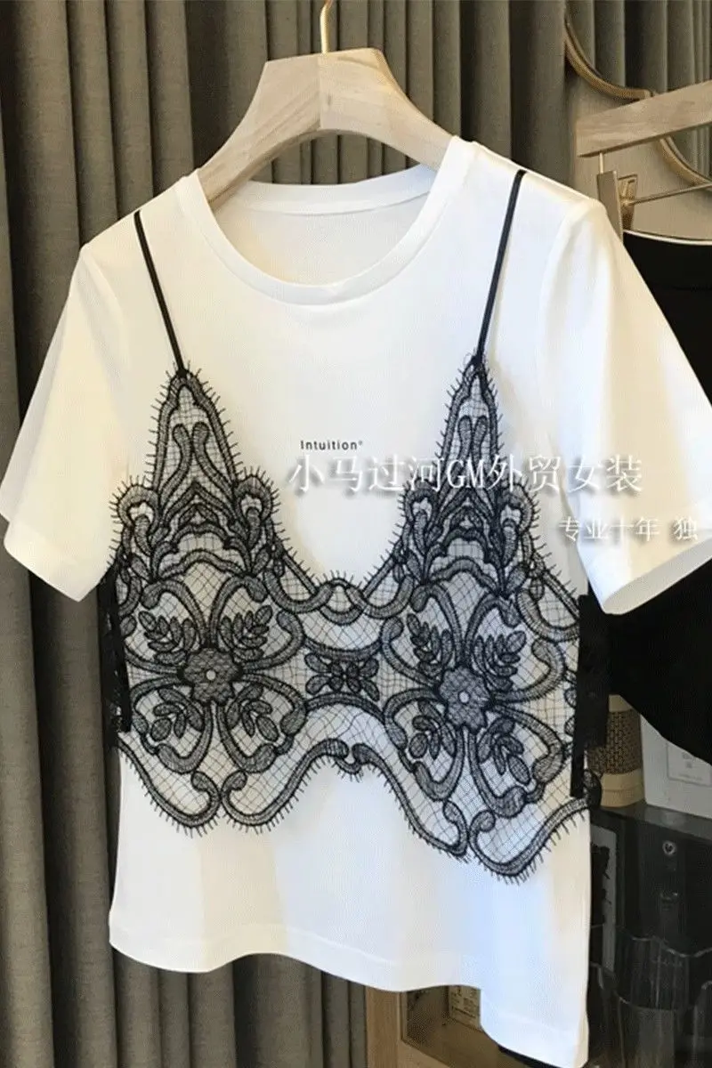 Korean Woman Tshirts Chic Fake Two Summer Tees Y2k Clothes Patchwotk Lace Sweet Fashion Casual T-Shirts for Women