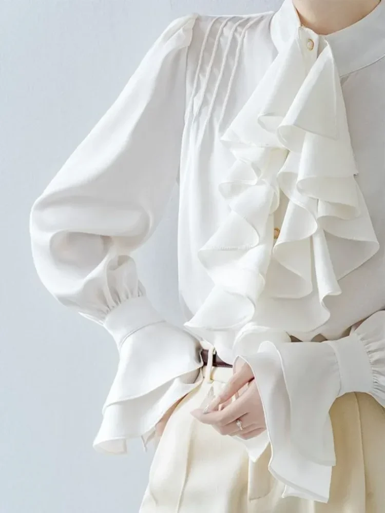 

Temperament Lotus Leaf Long Sleeve Flare Shirts For Women White Office Lady Blouse Chiffon Blusas Mujer De Moda Shirt