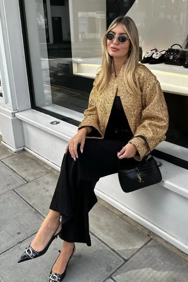 

2024 New Spring American Style Sequin Jacket for Women Fashion Gold Sequin Embellished Casual Loose Fit Blazer Trendy Outerwear