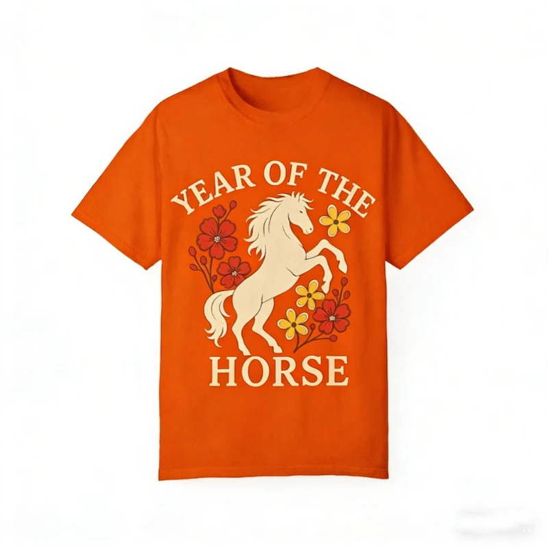 2026 Year of The Horse Unisex T-shirt Chinese Zodiac Horse Floral Design Crewneck All-match Casual Style Regular Short Sleeve