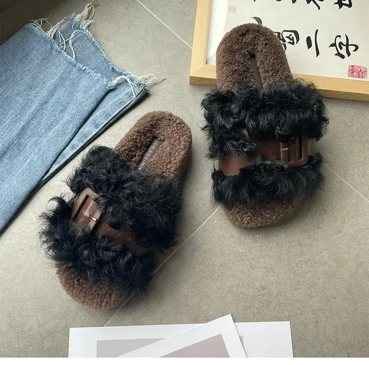 Hair Slippers Women 2024 Autumn and Winter New Thick Sole Flip-flops Fur One Woman Slippers Shoes for Women