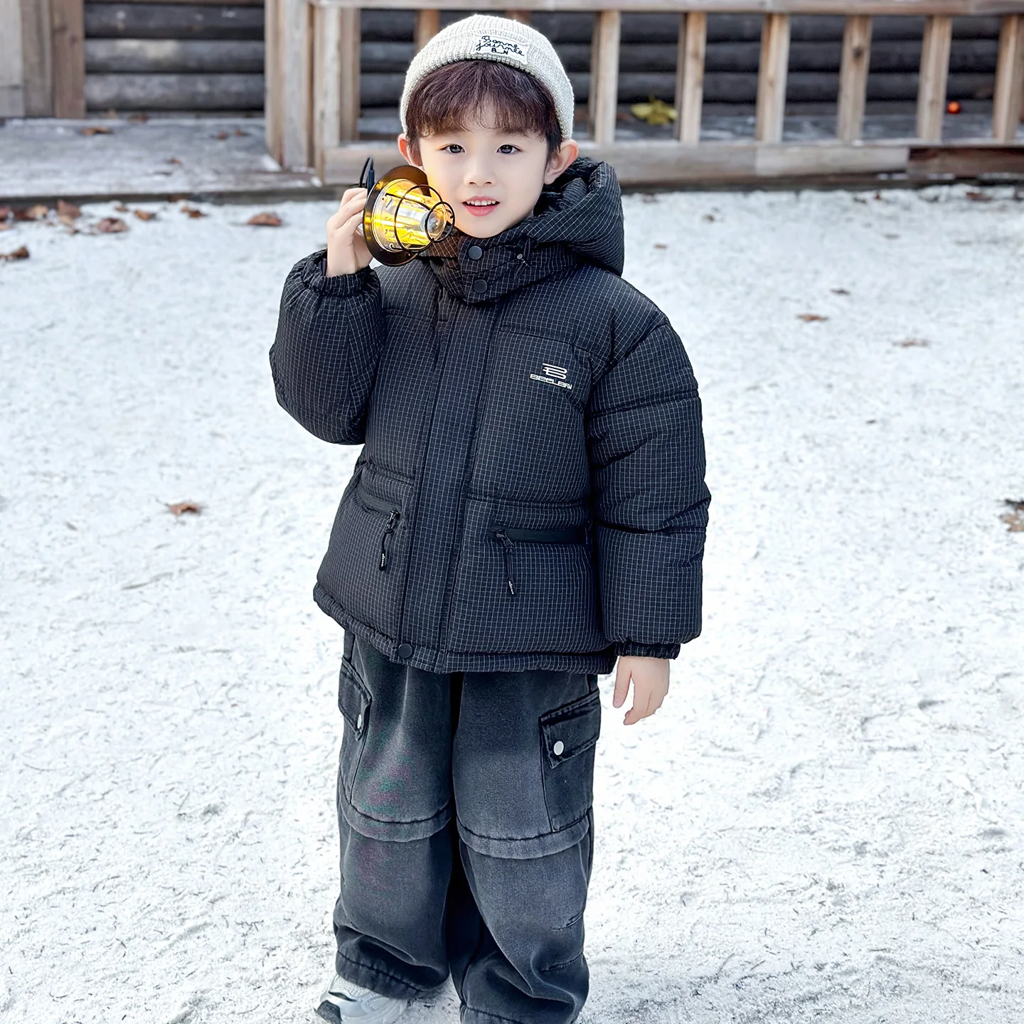 

Утепленная хлопковая куртка для мальчиков: зимнее пальто с капюшоном, на флисовой подкладке, с клетчатым дизайном внутри, молодежный стиль, стандартный крой