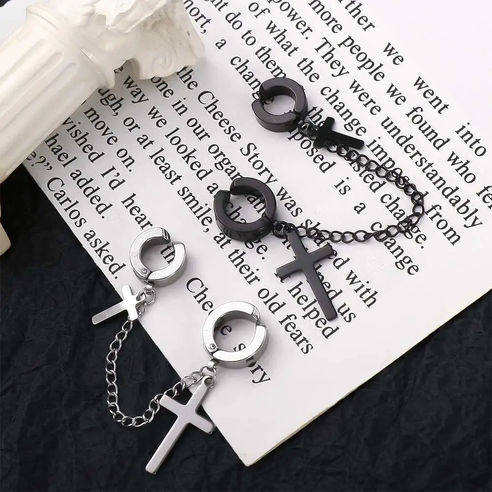 For Girls Cross Punk Tassel Clip On Earrings No Pierced Women Ear Clip Men Ear Cuff Korean Stud Earrings Dangle Earrings