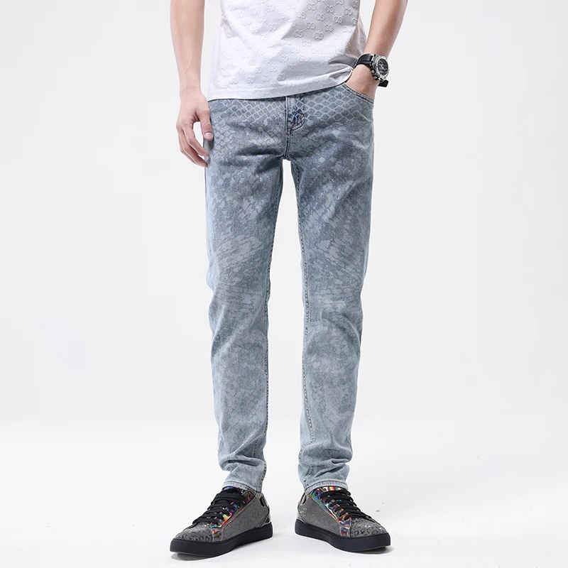 Calça fina retrô estica casual exclusiva da moda masculina, high-end, luxo acessível, design de nicho, jeans estampado completo