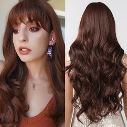 Long Wavy Synthetic Wigs for Women Red Brown Curly Fake Hair Wigs With Bangs Daily Use Party Heat Resistant Wavy Hair Wig