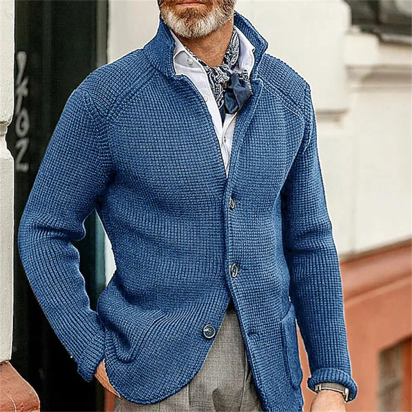 Men Stand Collar Knitted Coat Chunky Needle Thickened Suit Sweater Cardigan Solid Color Slim Knitting Sweatercoat Male Clothing