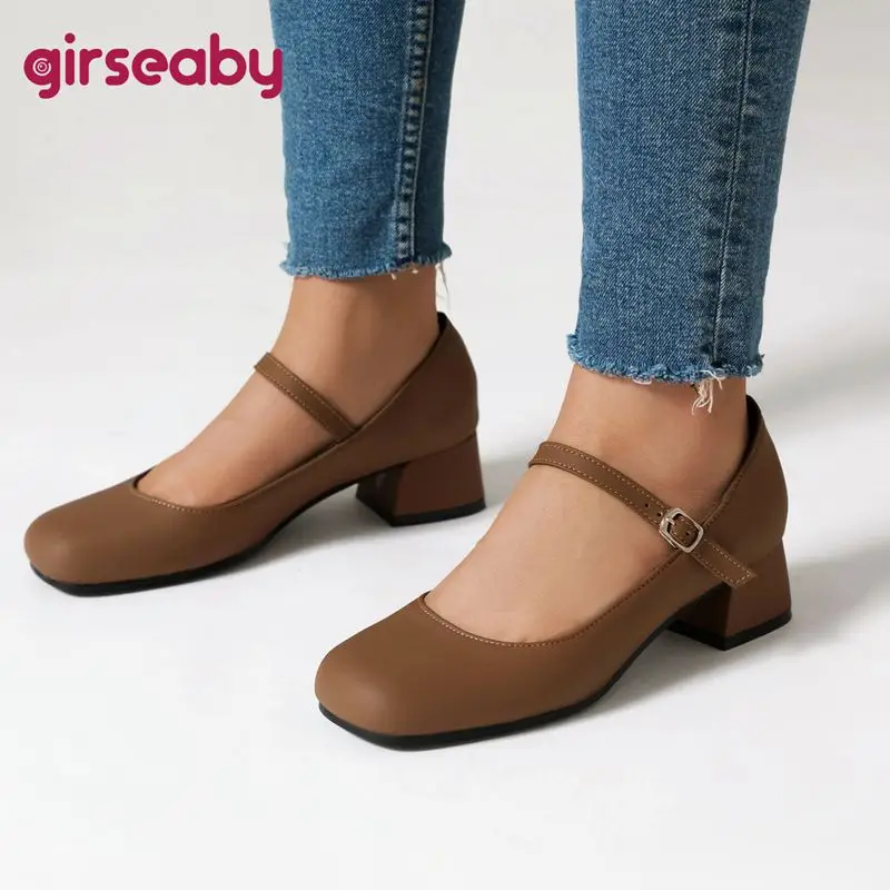 

Girseaby Retro Mary Janes Pumps for Women Square Toe Block Mid Heels Buckle Straps Elegant Daily Shoes Plus Size 42 43 Spring