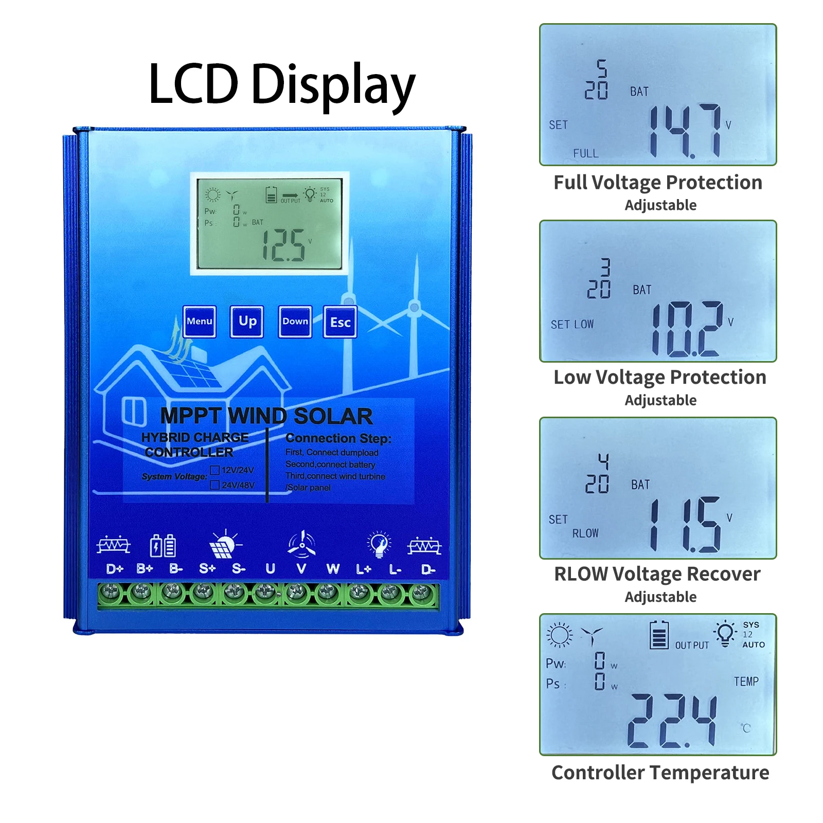 Imagem -04 - Mppt Vento Híbrido Solar Controlador de Carga Display Lcd Construído em Bluetooth Regualtor para Lifepo4 Bateria de Lítio 12v 24v 48v 2000w