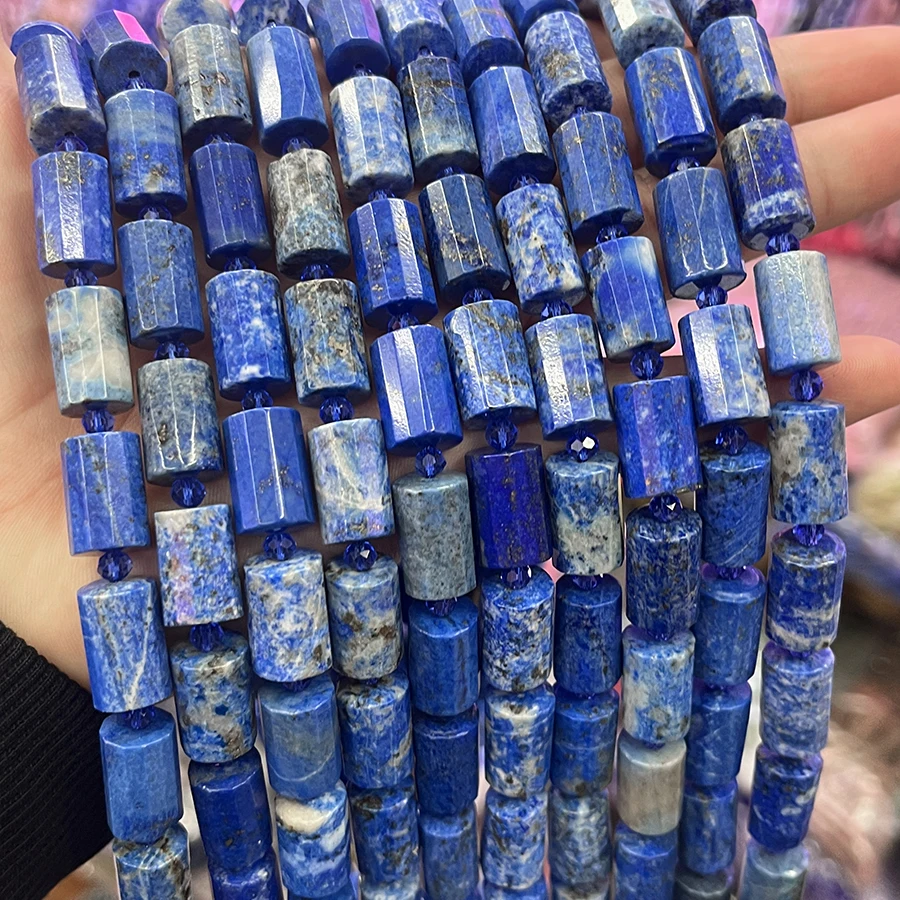 Natural Lapis Lazuli Cylindrical Stone Section Beads Faceted Loose Spacer For Jewelry Making DIY Necklace Bracelet 15'' 10x15mm