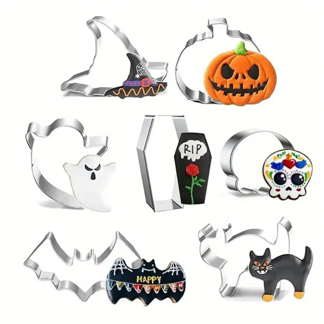 7pcs Halloween Cookie Cutter Set Cookie Shapes - Ghost, Bat, Pumpkin, Cat, Witch Hat, Skull - Metal Cookie Cutter for Baking Par