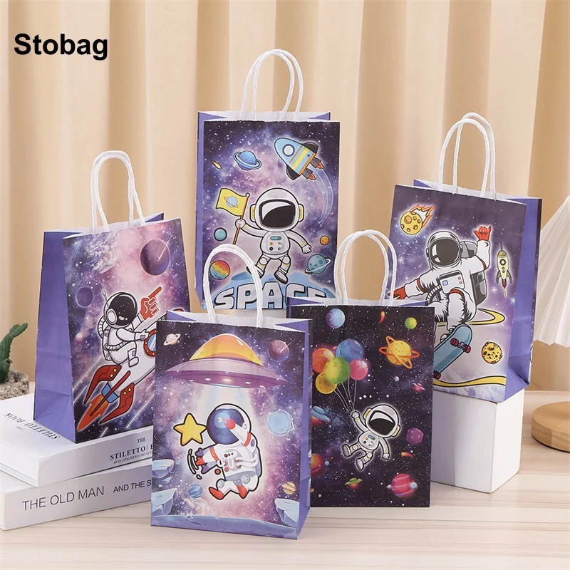 

StoBag 24pcs Wholesale Cartoon Spaceman Kraft paper Gift Tote Bags Kids Children Packaging for Candy Pouch Birthday Party Favors