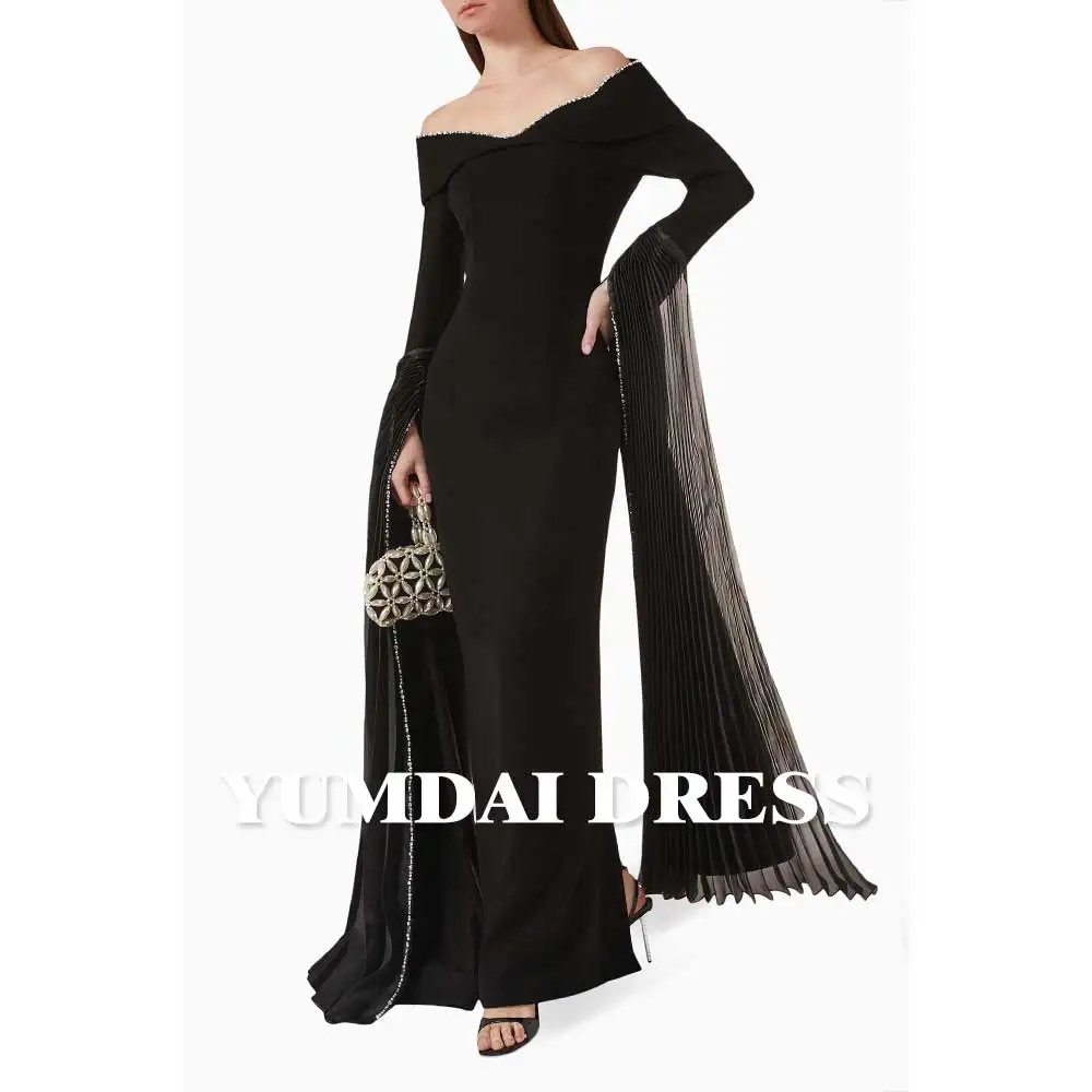 YUMDAI Luxury Dubai Black One Shoulder Rhinestone Formal Evening Dress 2024 Elegant Women Special Occasion Cape Sleeve Dress