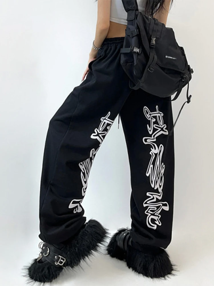 HOUZHOU Hip Hop Gothic Black Jogging Sweatpants Oversize Y2K Grunge Kpop Baggy Trousers Harajuku Graphic Wide Leg Sports Pants