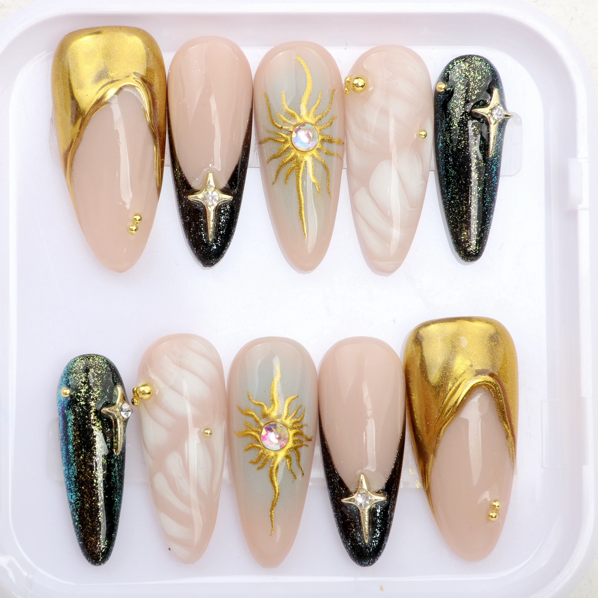 10Pcs French Tip Press on Nails,Custom 3D nails,Handpainted Celestial Sun and Gold Star Design nails,FreeStyle Nail,Gel Nails