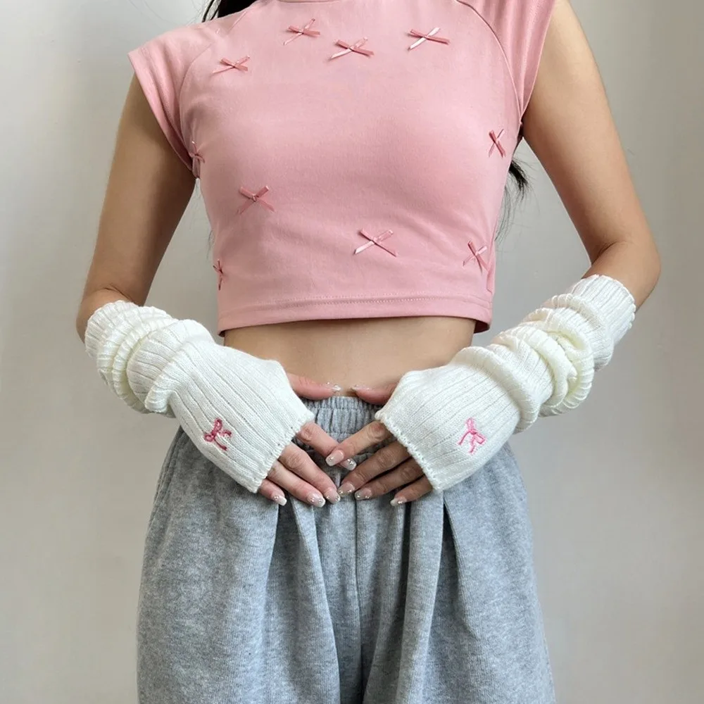 Long Arm Warmer Gloves Knitted Cold Proof Warm Arm Sleeve Bow Cherry Strawberry Embroidery Fingerless Gloves Autumn Winter