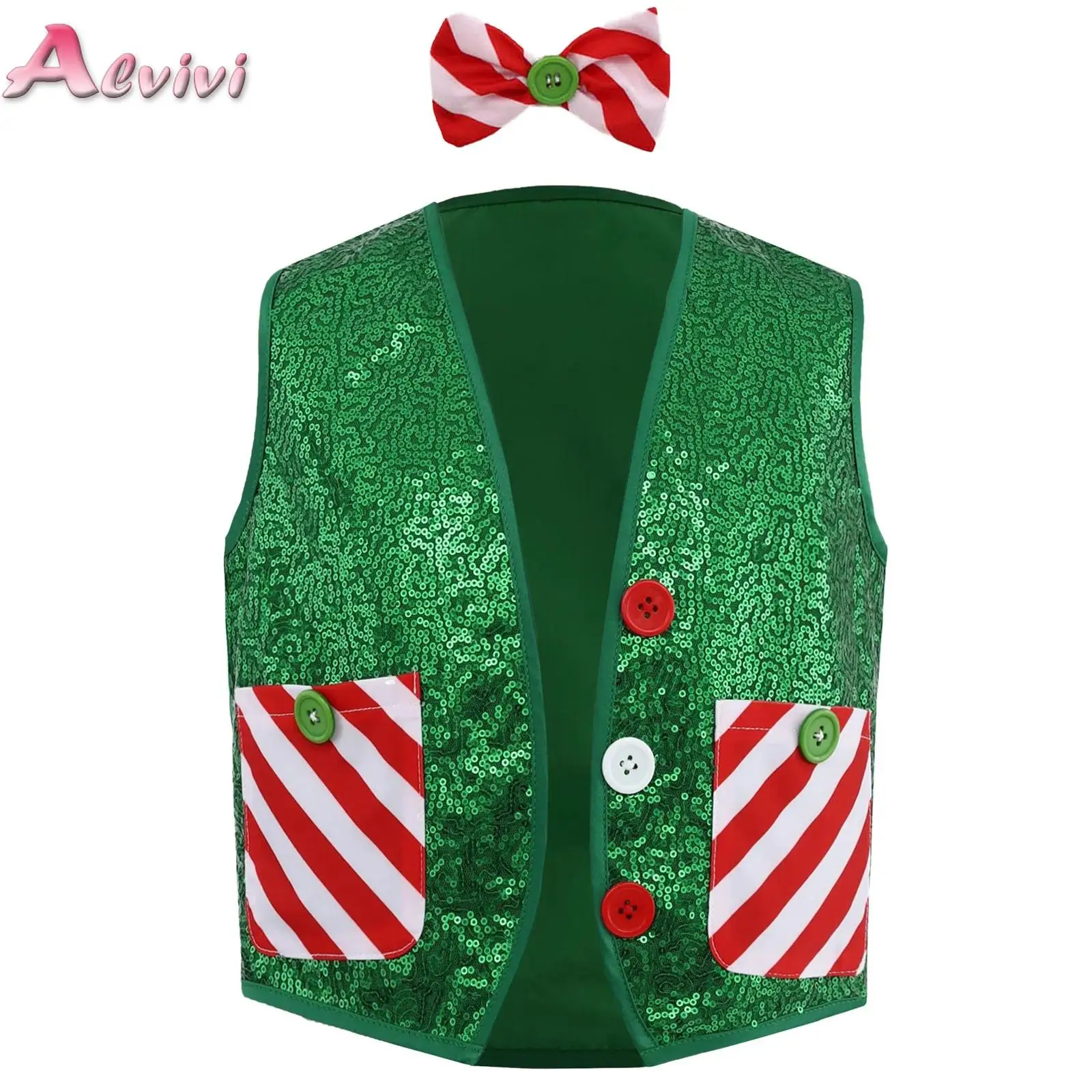 

Kids Boys Christmas Santa Elf Waistcoat Costume Color Block Sequins Vest with Bow Tie Pockets Jacket for Xmas Stage Performance